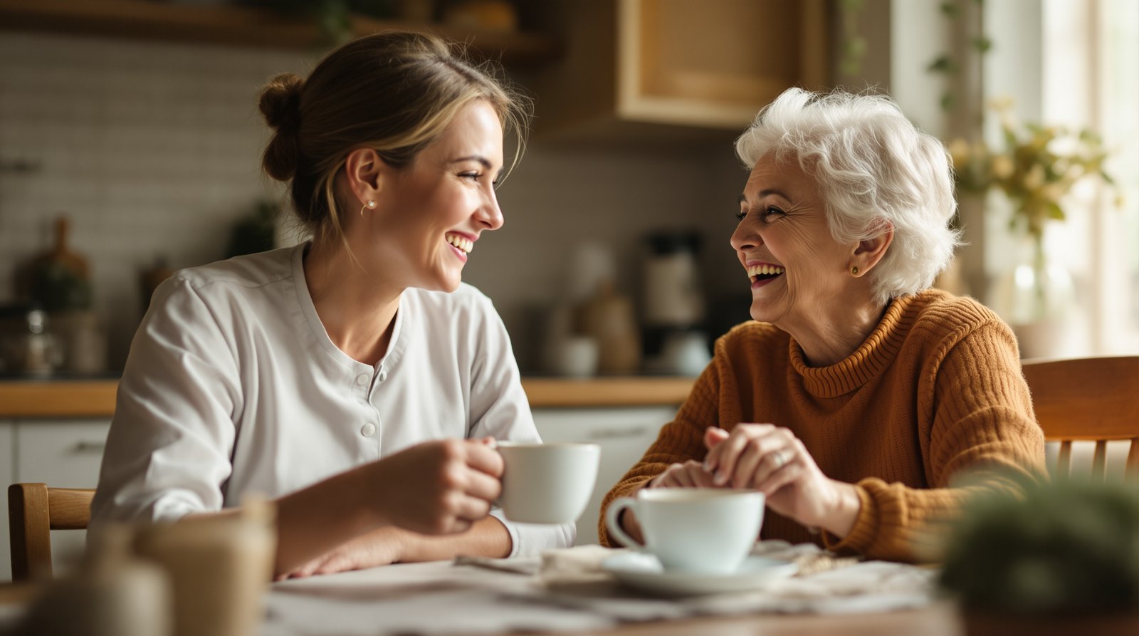 A caregiver and an elderly woman laughing together over tea