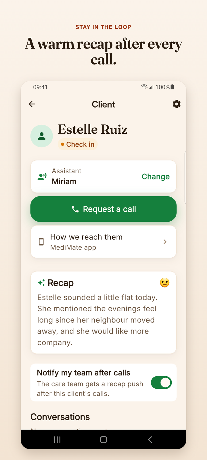 Client page: request a call, and a warm recap after every conversation with team notifications