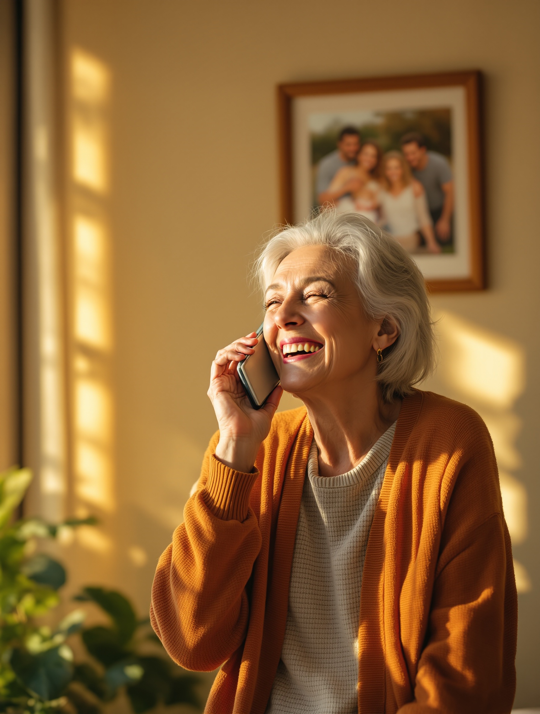 An older woman laughing warmly during a phone call at home, a family photo on the wall behind her