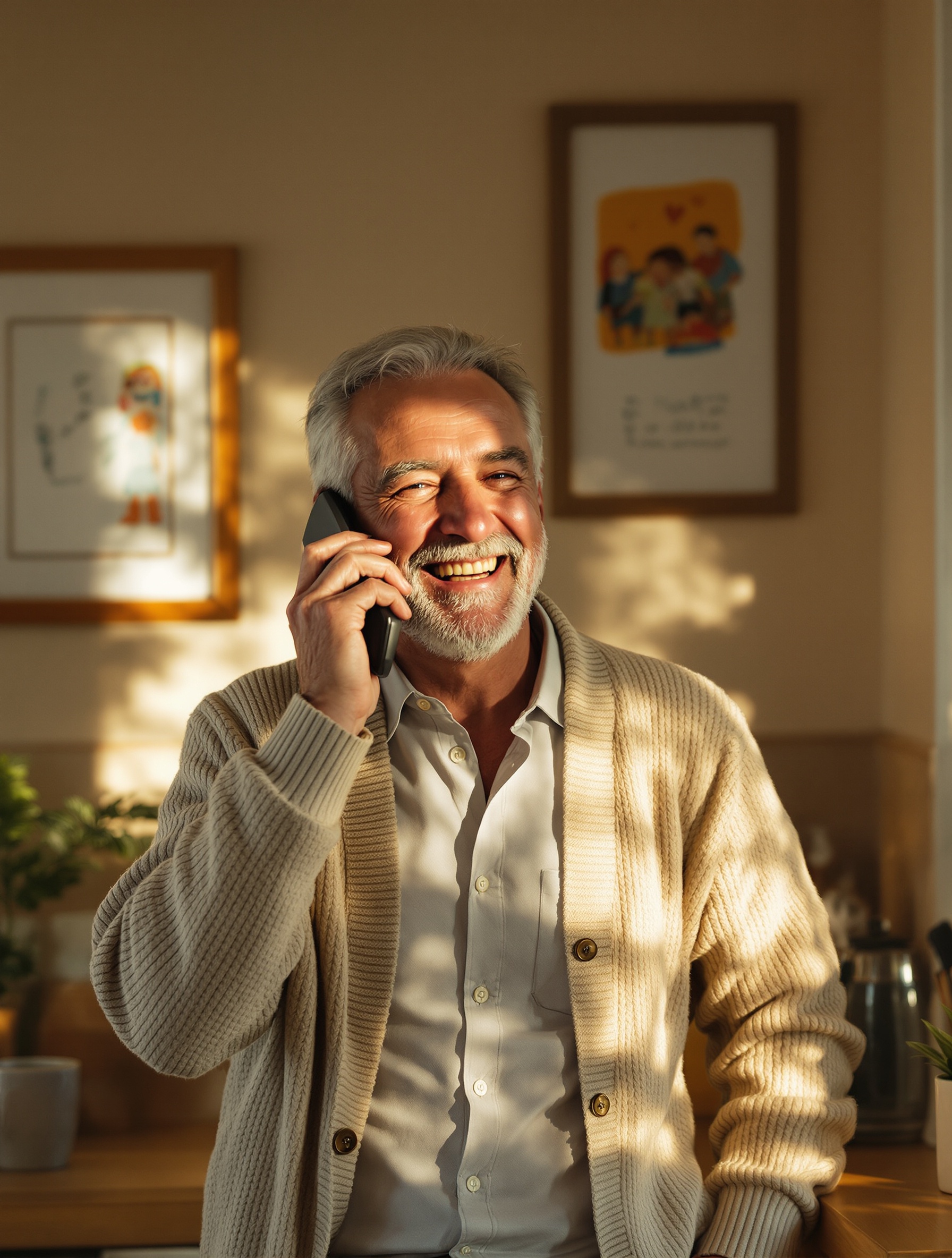 An older man laughing warmly on a phone call in his kitchen, a family photo and a grandchild's drawing behind him